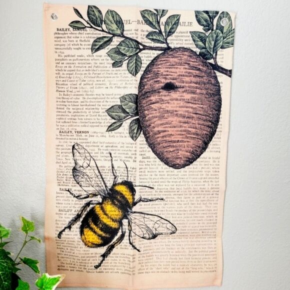 Bee Beehive Vintage Book page Wall Tapestry Tree Bohemian Rustic Drawing green - Picture 7 of 10